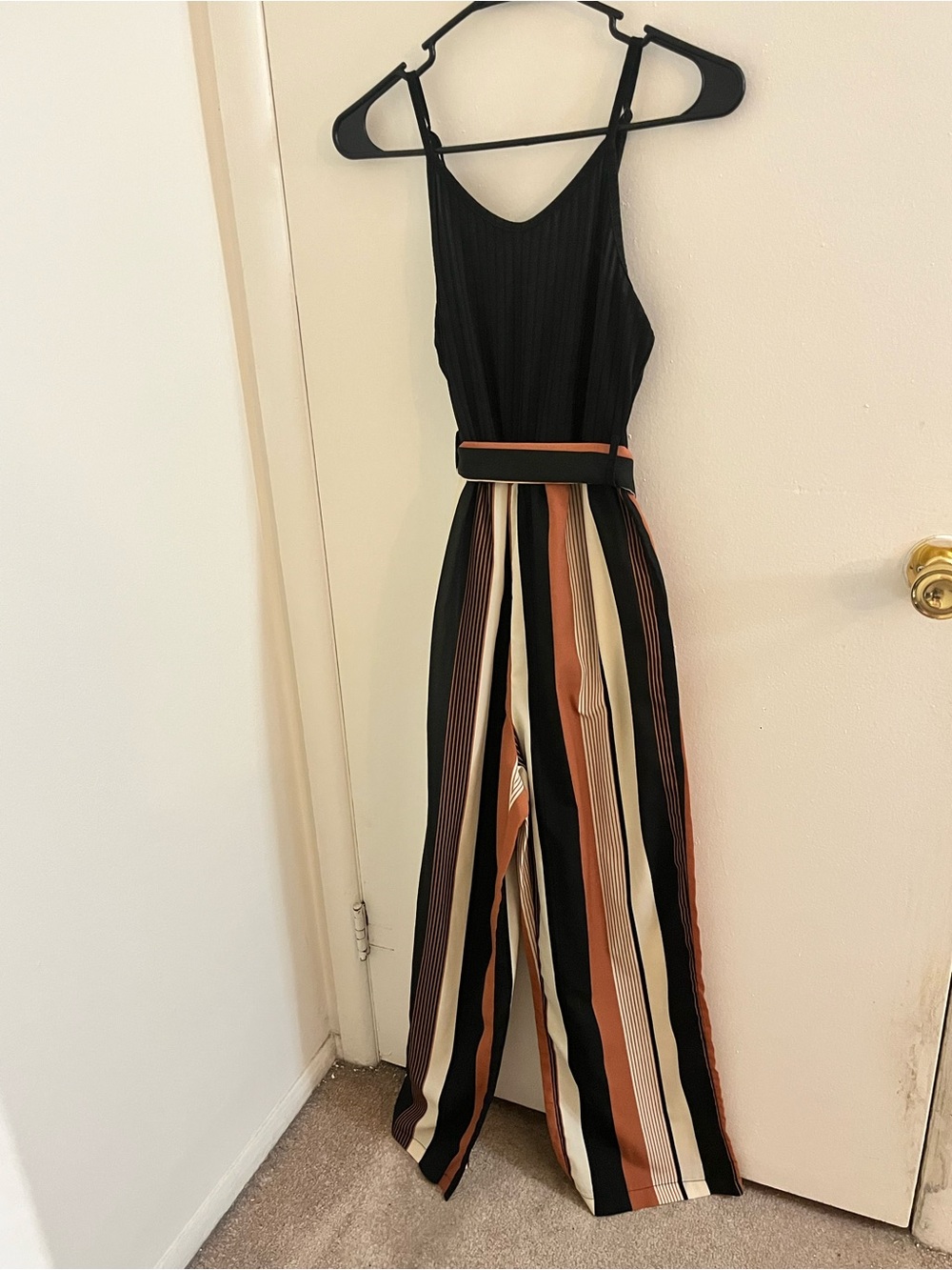 SHEIN XS 2 Striped Wide Leg Jumpsuit Black Orange Brown Beige Belt